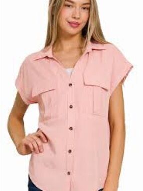 Zenana Outfitters Light Rose Sleeve Button-Front Shirt